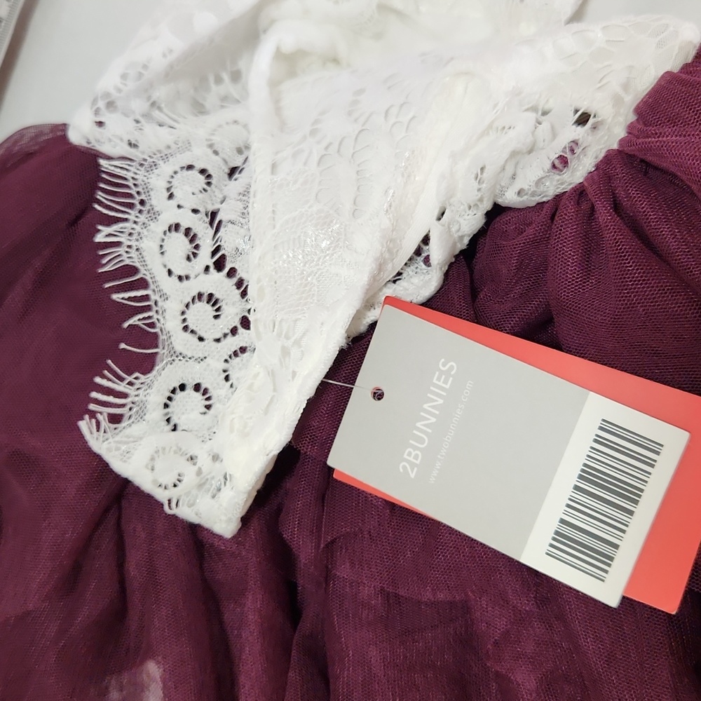 2Bunnies 3T WINE Tulla & White Lace Flower Girl Dress - Picture 6 of 8